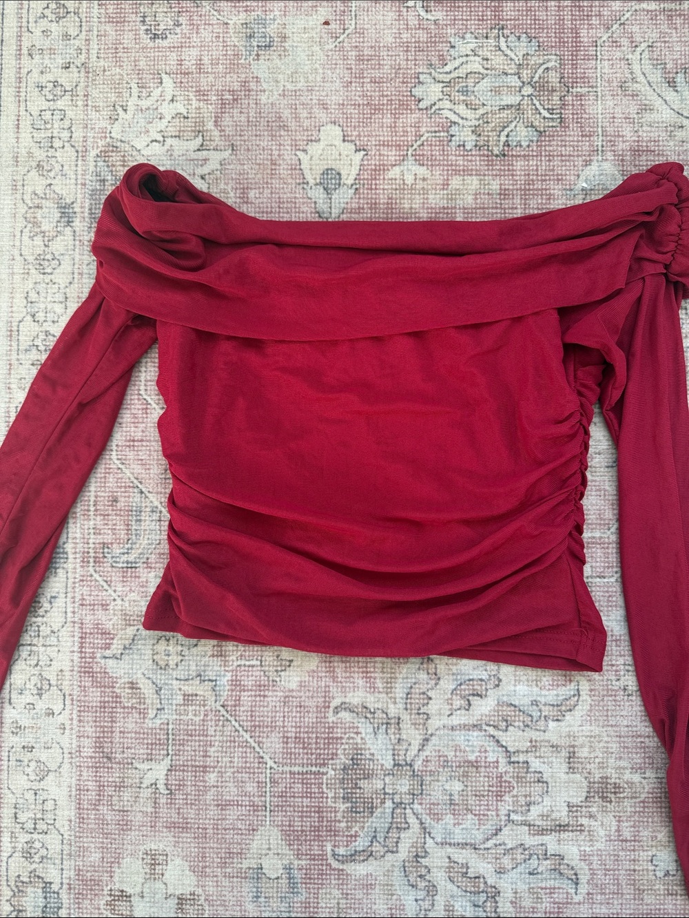 Off-Shoulder Ruched Long-Sleeve Top - Red